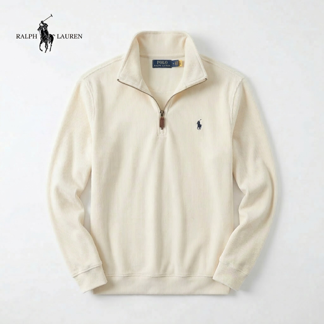 IT - Maglione da uomo RL in morbido cotone con collo alto a zip e maniche lunghe