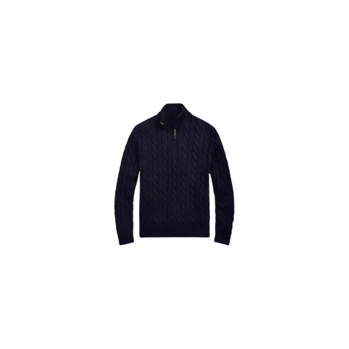 Classic RL Cable-Knit Cotton Sweater with Zip Collar - Navy