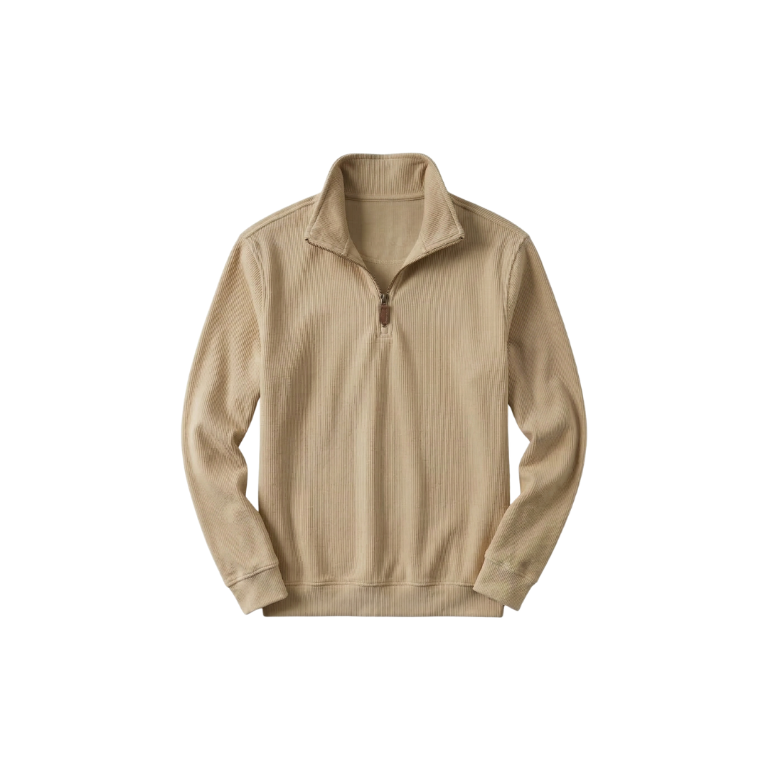 RL Men's Soft Cotton Sweater - Zip Funnel Neck & Long Sleeves - Cream