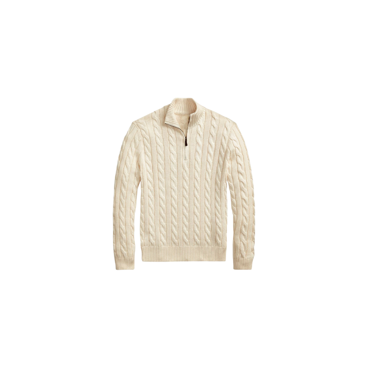 Classic RL Cable-Knit Cotton Sweater with Zip Collar - Cream