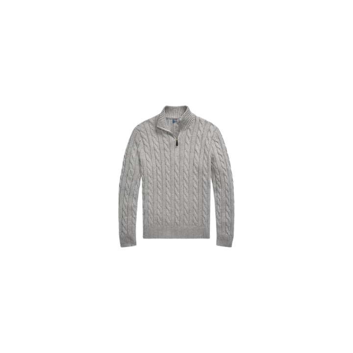 Classic RL Cable-Knit Cotton Sweater with Zip Collar - Light Gray