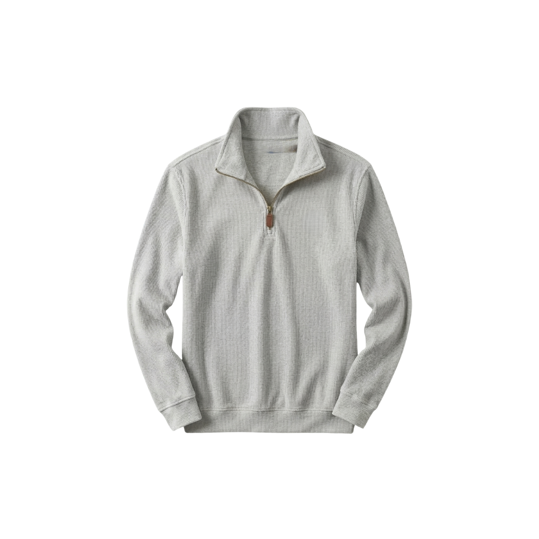 RL Men's Soft Cotton Sweater - Zip Funnel Neck & Long Sleeves - Light Gray