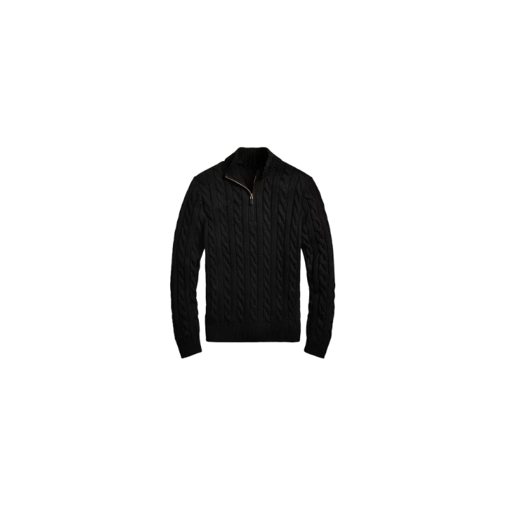 Classic RL Cable-Knit Cotton Sweater with Zip Collar - Black