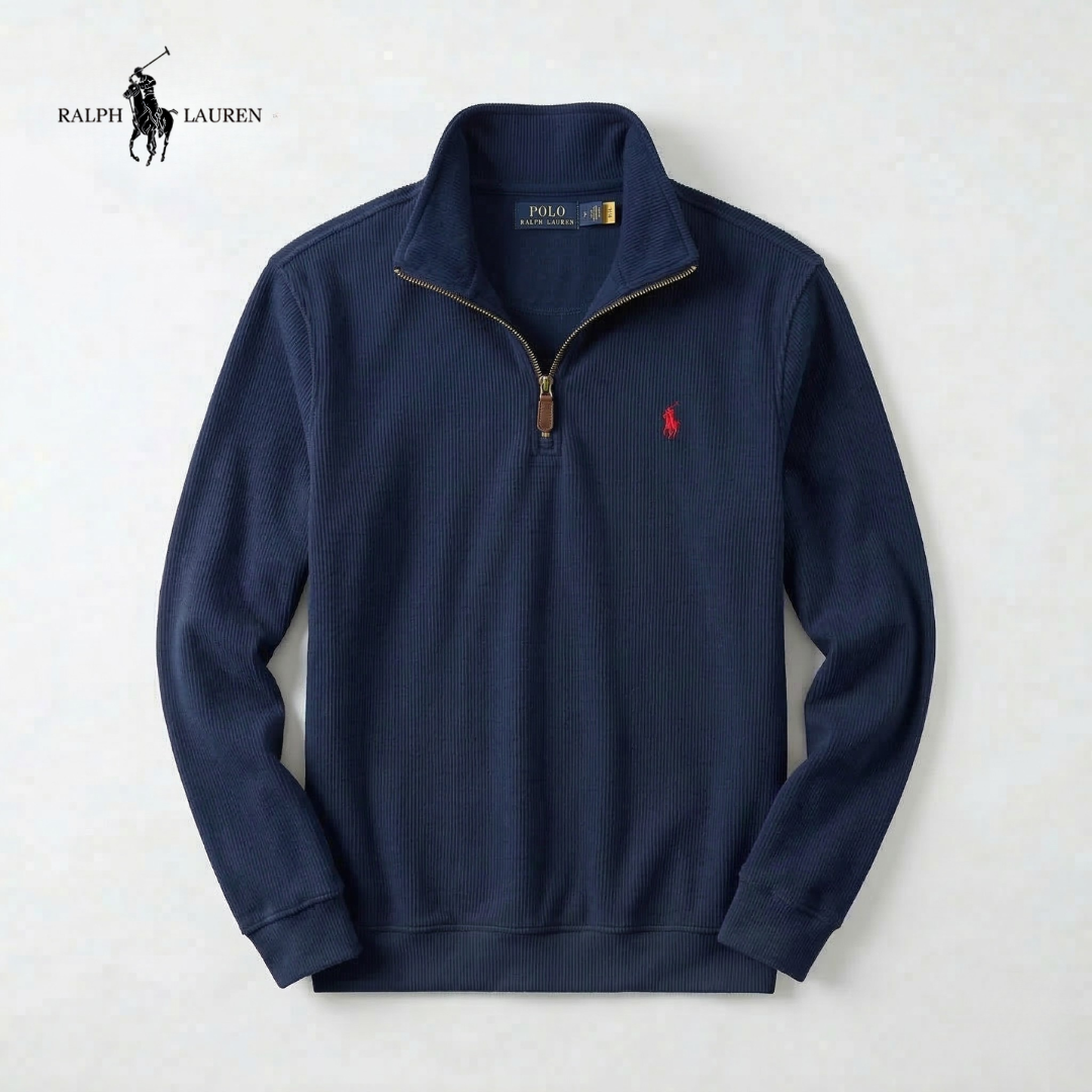 IT - Maglione da uomo RL in morbido cotone con collo alto a zip e maniche lunghe